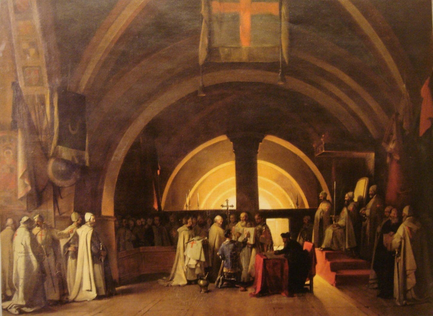 Painting of Knights Templar gathered beneath a vaulted chapel as Jacques de Molay is received into the Order