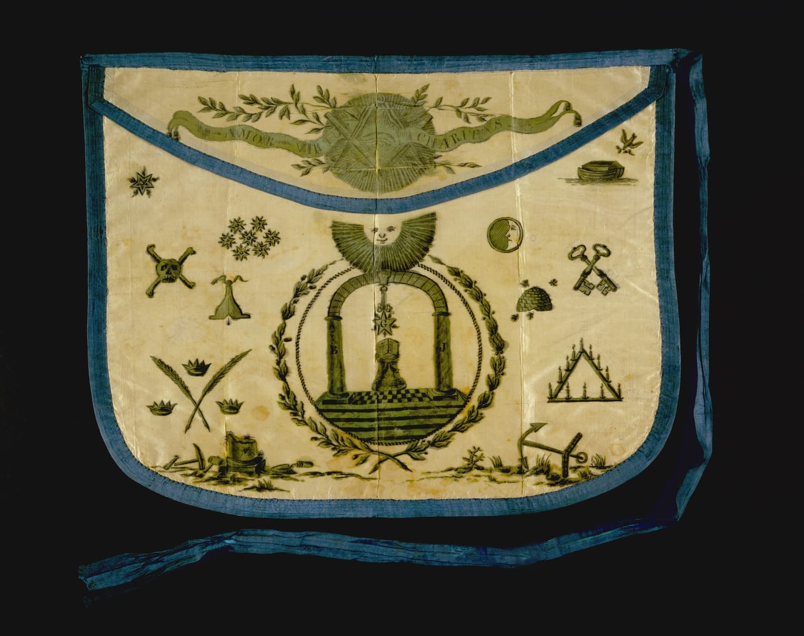 Hand-painted Masonic apron with an arch, pillars, and working tools, owned by Meriwether Lewis